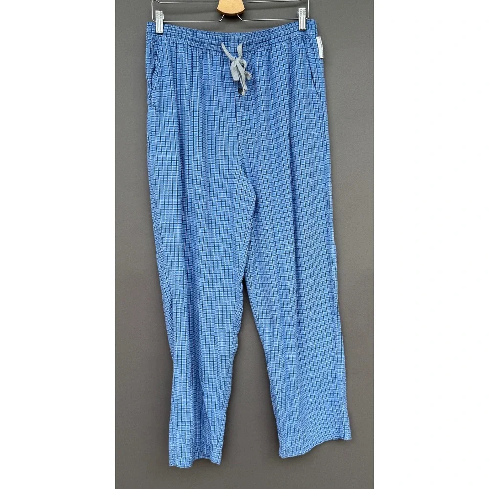 Geoffrey Beene Mens Pajama Pants Large Blue White Check 100% Cotton Lounge Sleep